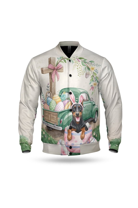 Easter Egg Doberman Pinscher Bunny Ear Welcome Spring Truck All Over Print 3D Baseball Jacket Doberman Dog Lover Gifts Bomber Jacket Softball - 12002
