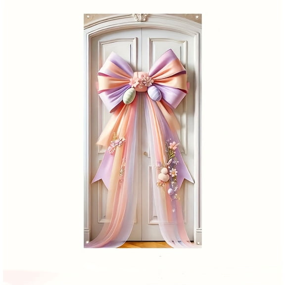 Easter Egg Door Cover Banner, Spring Flowers and Blue Bow Design, Pastel Door Wrap for Home Indoor Outdoor, Holiday Celebration Porch Decoration