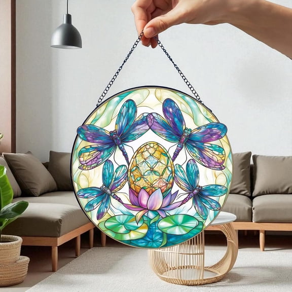 Easter Egg Dragonfly Glass Suncatcher, Lotus Flower Window Art, Spring Spiritual Decor, 3.5 in