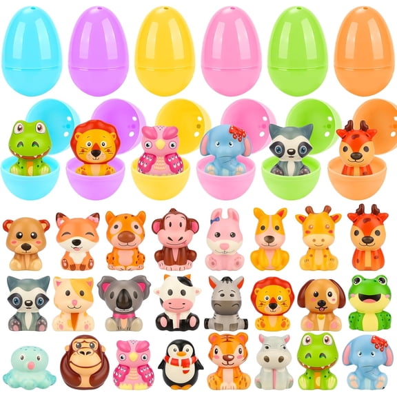 Easter Egg Fillers 24 Pack Pre-Filled Plastic Eggs With Animal Squishy Toys, Easter Basket Stuffers For Kids, Egg Hunt Supplies And Party Favor Toys, Multicolor