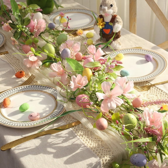Easter Egg Floral Vine Garland with Spring Branches and Leaves, Colorful Artificial Door Decor for Indoor and Outdoor Home, Patio, Porch and Window Holiday Accent Decoration, 4.92ft, Pink