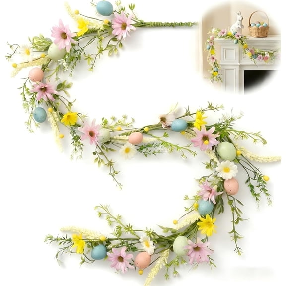 Easter Egg Garland 5.9ft (1.8m), Wire-Core Bendable Spring Floral Vine with Pastel Speckled Eggs, Mantel Fireplace Table Doorway Arch Wall Decor