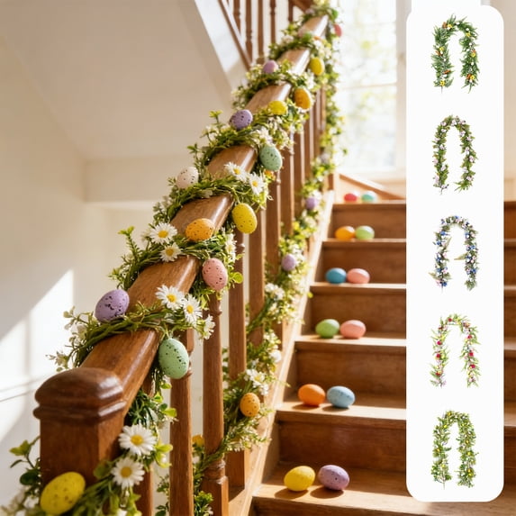 Easter Egg Garland 72.8in | Artificial Rattan Vines with Colorful Eggs, Leaves & Bows | Spring Floral Door Decor, Multicolor Plastic, Indoor Outdoor Mantel Patio Porch Accent