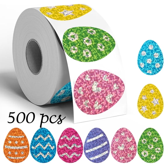 Easter Egg Glitter Stickers Roll 500 Count with 8 Doodle Patterns Golden Sparkle Waterproof Reusable for Creative Crafts Party Decor Gift Packaging room Stickers