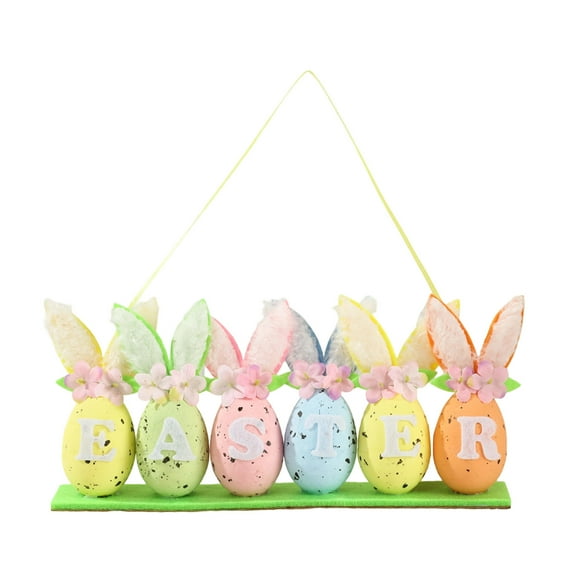 Easter Egg Hanging Ornament 3D Pastel Easter Eggs Decorations Wall Signs with Plush Rabbit Ears and Flowers Spring Vibrant Hanging Crafts for Holiday Front Door Window Party Table Decor