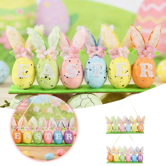 Easter Egg Hanging Ornament 9 × 3.9inch 3D Pastel Easter Eggs Wall Signs with Plush Rabbit Ears and Flowers Spring Vibrant Hanging Crafts for Holiday Front Door Window Party Table Decor (Orange)