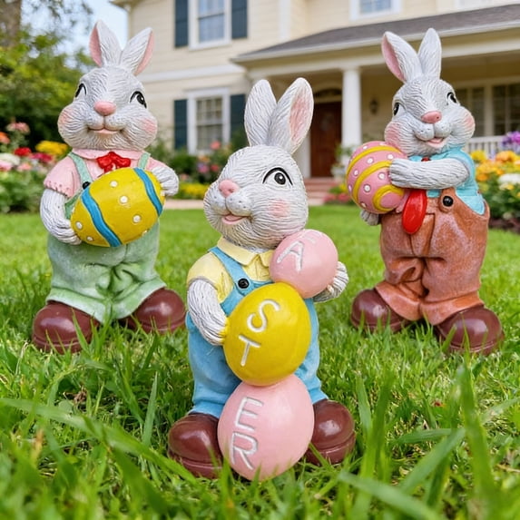 Easter Egg Holding Bunny Resin Statue, Cute Easter Bunny Decor for Home and Garden, Cartoon Spring Easter Decorations Figurine for Easter Festival Outdoor Display, 2.4*4.7in, A