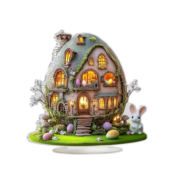 Easter Egg House Acrylic Tabletop Ornaments, 10-Inch Crystal Rabbit Figurine with Warm LED Lights, Decorative Spring Easter Bunny Sculpture for Home Office Desk