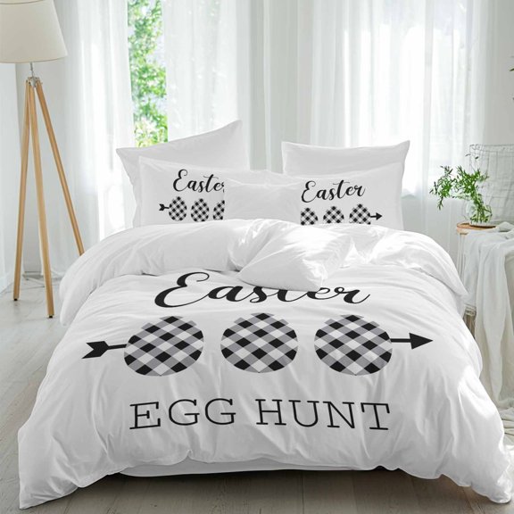 Easter Egg Hunt Queen Size Comforter Set, Vintage Simple Black Buffalo Plaid Arrow Easter Eggs Bedding for All Seasons, 4 Pcs Bed Set, 1Quiltcover (90"x92") ,1Sheet(94"x116"), 2Pillowcases (30"x20")