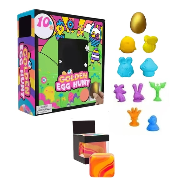 Easter Egg Hunt Set with Golden Egg - 10 Soft Squeezable Sensory Toys + 1 Bonus Surprise Squishy, Non-Toxic BPA-Free, Easter Party Essential & Classroom Reward for All Ages