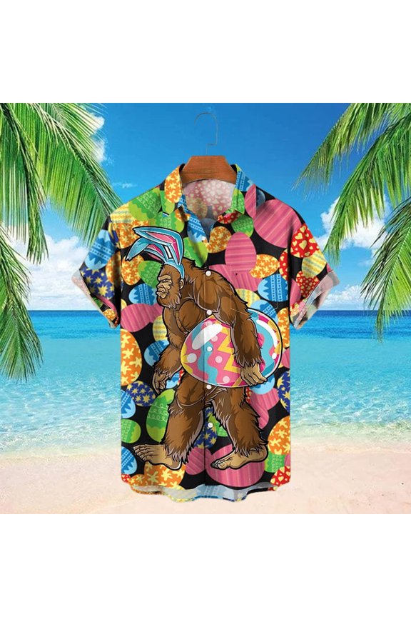 Easter Egg Hunter Bigfoot Print Chest Pocket Hawaiian Shirt