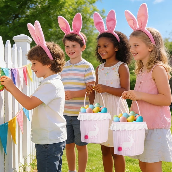 Easter Egg Hunting Basket, Cute Rabbit Storage Basket, Cute Bunny Bucket with Handle and Pom Pom Tail for Cosmetics Snacks Keys Easter Party Favors