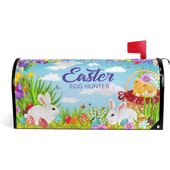 Easter Egg Hunting Basket with Bunnies and Chicks Magnetic Mailbox Cover MailWraps Garden Yard Home Decor for Outside Standard Size-18"x 20.8"