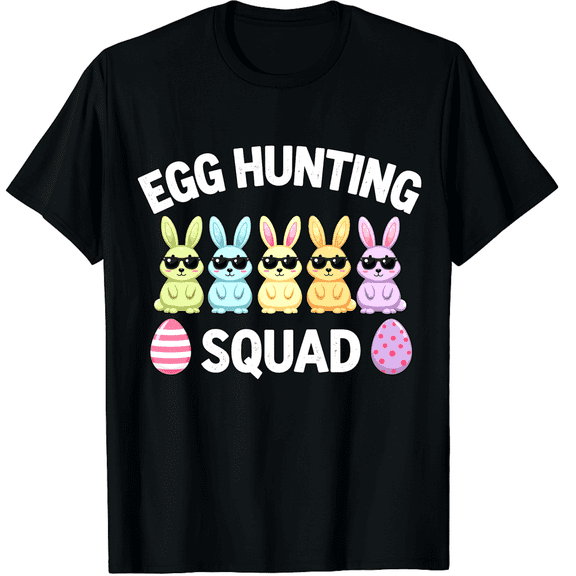 Easter Egg Hunting Squad Colorful Bunnies Sunglasses Graphic Short Sleeve T-Shirt for Women Men Holiday Party Group Adult Gift