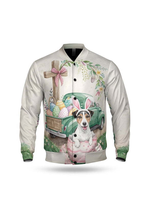 Easter Egg Jack Russell Terrier Bunny Ear Welcome Spring Truck All Over Print 3D Baseball Jacket Parson Jack Dog Lover Bomber Jacket Softball - 12002