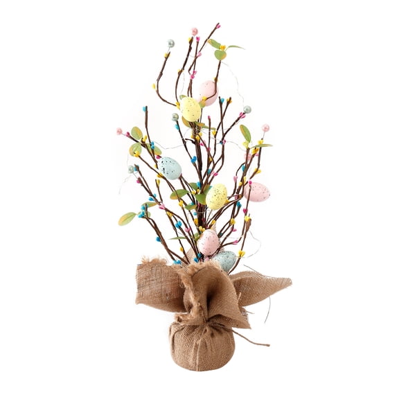 Easter Egg Lighted Tree Decor - Pre-Lit Artificial Potted Tree with Colorful Egg Ornaments, Tabletop Spring Decor for Home & Party Display