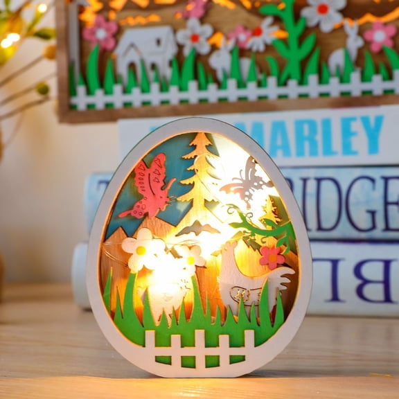 Easter Egg Night Light, Multicolor Wooden Egg Lamp with LED, Spring Butterflies and Turkey Design, Holiday Tabletop Decor and Gift, 5x4.33x0.98 Inches