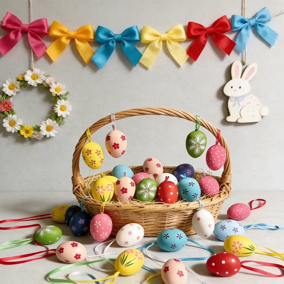 Easter Egg Ornaments, Plastic Easter Decorations, 24 Pack Colorful Hanging Eggs for Easter Basket Fillers and Party Supplies, 8 Styles 4cm Egg Pendants Set
