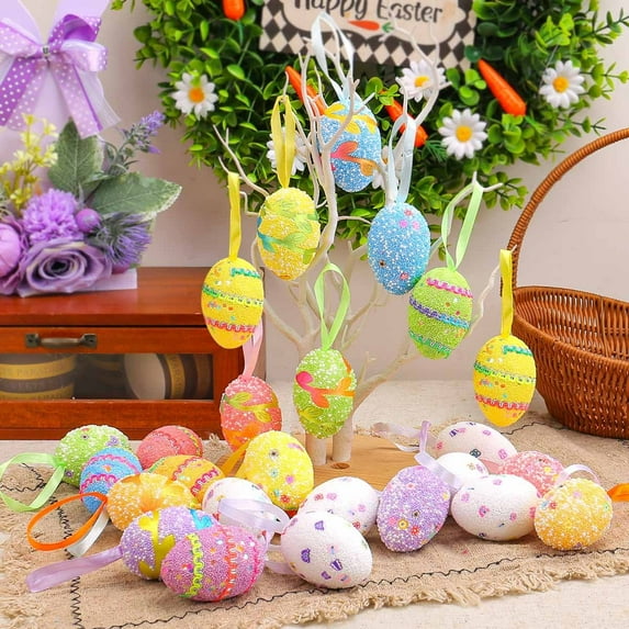 Easter Egg Ornaments,Small Easter Foam Egg Ornaments,Easter Egg Decorations for Tree,Easter Decorations Eggs Hanging Ornaments Colorful for Easter Tree Basket Decor Party Favors Supplies Home,6pcs