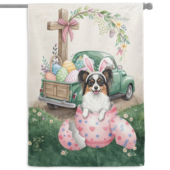 Easter Egg Papillon Bunny Ear Welcome Spring Truck House Flag 28x40in Double Sided Pap Butterfly Dog Lover Outdoor Decor - 12002