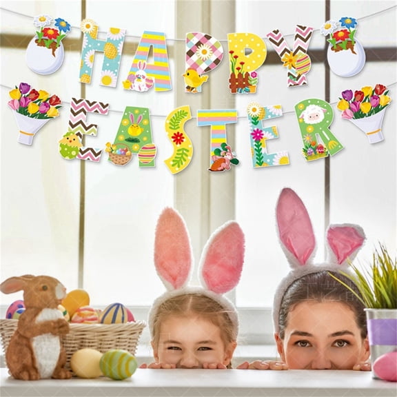 Easter Egg Party Banner， Colorful "Happy Easter" Chicken Design Decoration for Wall， Mantel， and Photo Backdrop