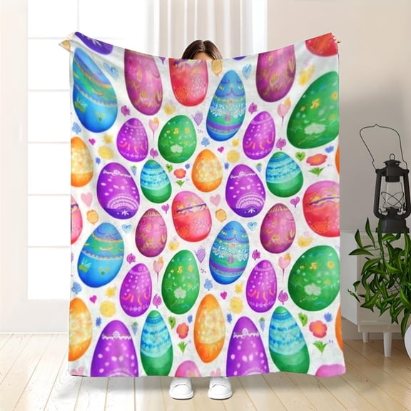 Easter Egg Pattern Fleece Blanket - Soft Lightweight All-Season Bedspread Suitable for Couch, Bed, or Outdoor Use - Pastel & Multicolor Egg Designs, Machine Washable Cozy Bedding