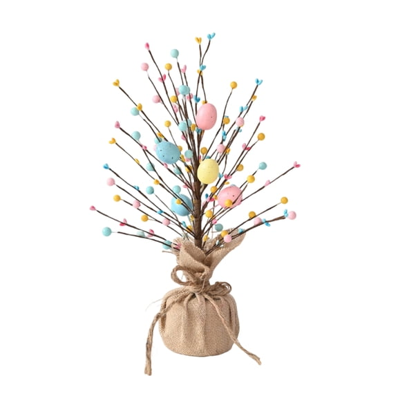 Easter Egg Pearl Tree Figurine - Artificial Flower & Berry Decorative Centerpiece, Multicolored Foam Ornaments with Wrapped Base, Tabletop Easter Display