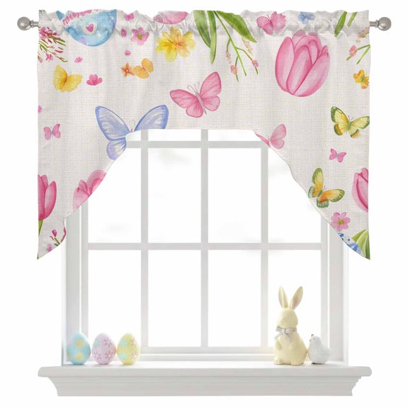 Easter Egg Pink Tulip Swag Valances for Kitchen Window, Spring Butterfly Flower Small Swag Valances Rod Pocket Curtain Drapes Window Treatment for Bedroom Bathroom, 56x36 Inch