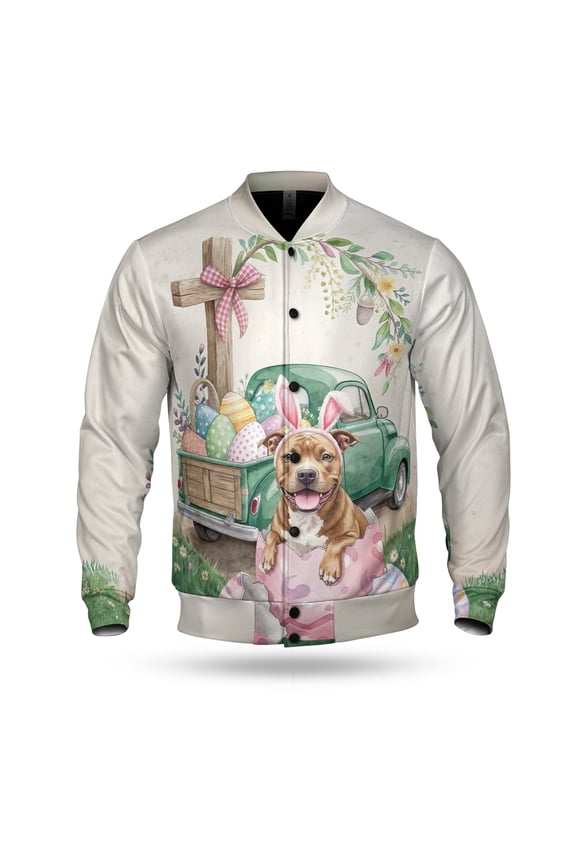 Easter Egg Pitbull Bunny Ear Welcome Spring Truck All Over Print 3D Baseball Jacket Terrier Dog Lover Bomber Jacket Softball - 12002