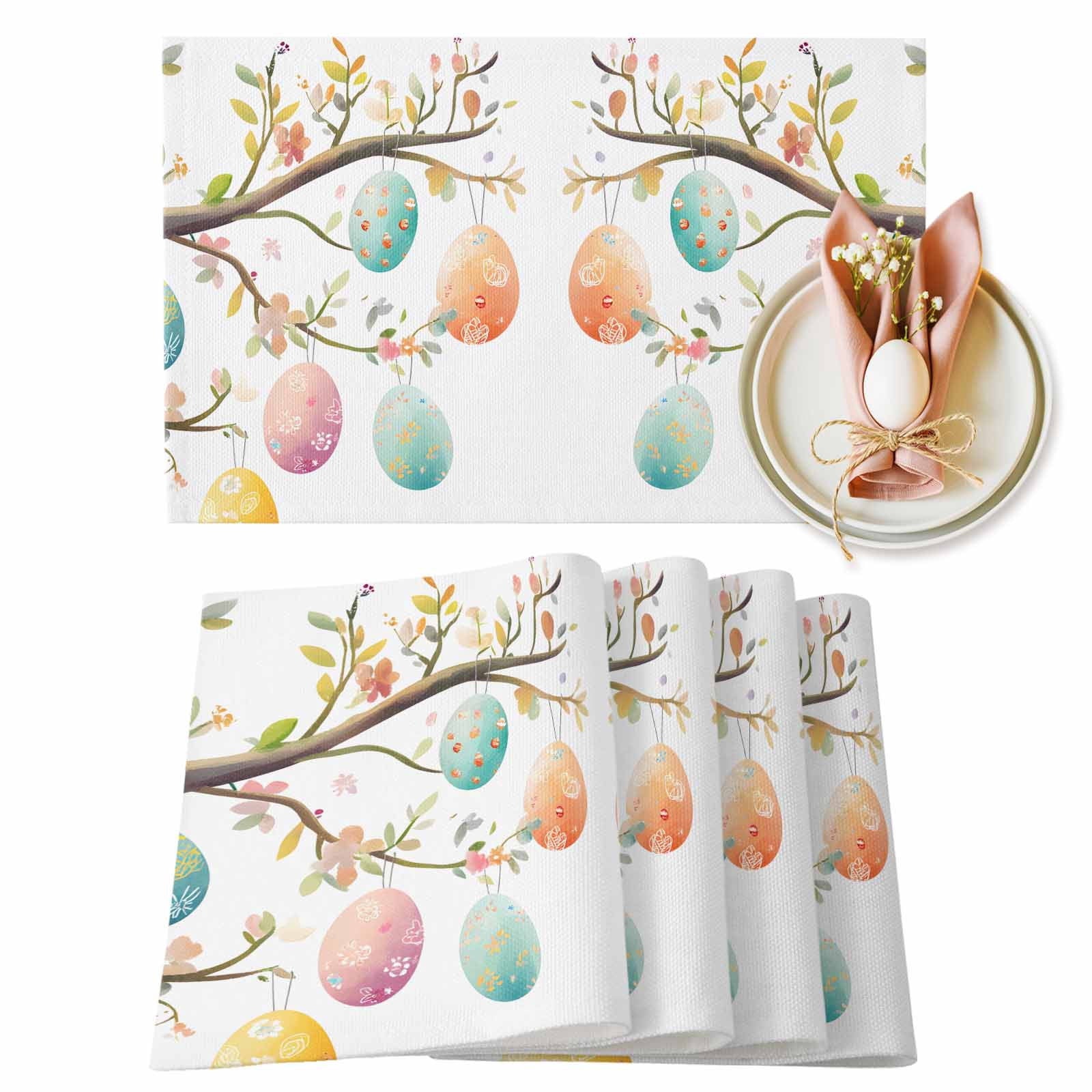 Easter Egg Placemats Set of 6, Watercolor Green Yellow Pink Egg Branch ...