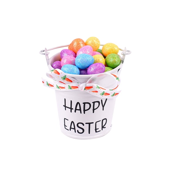 Easter Egg Planter Happy Easter Bucket Desktop Decoration with Artificial Colorful Eggs & Tie for Spring Table Centerpiece Tiered Tray Decor Metal Pail(A)