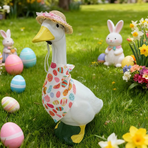 Easter Egg Print Goose Bandana Mini Straw Hat Set Festive Porch Goose Outfit For Easter Celebration(White-55cm)