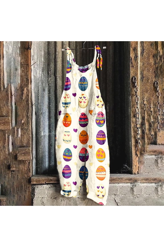Easter Egg Print Overalls for Women Floral Pattern Jumpsuit Loose Fit Sleeveless Rompers Casual Wide Leg Harem Pants Holiday Party Outfits
