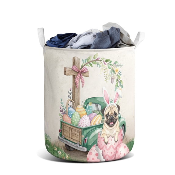 Easter Egg Pug Bunny Ear Welcome Spring Truck Foldable Laundry Basket Dog Lover Gifts Organizer Storage with Handles - 12002