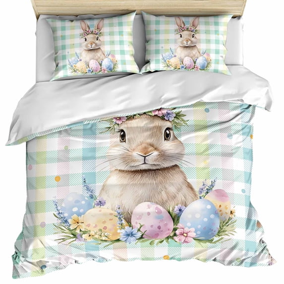 Easter Egg Rabbit Bedding 3 Piece Duvet Cover Set California King, Colorful Grid Checkered Polka Dots Soft Microfiber Comforter Cover with Zipper Closure & Pillowcases, FadeResistant Quilt Cover