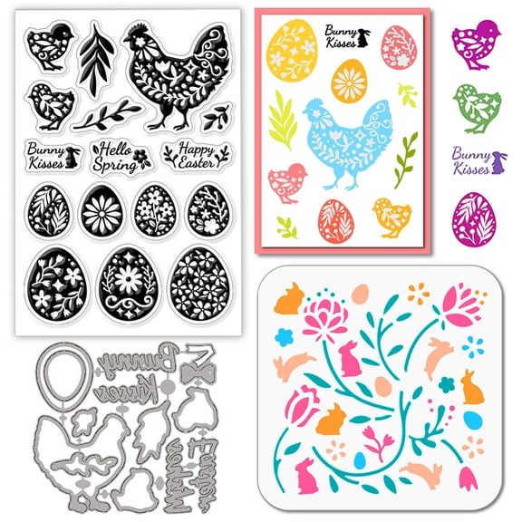 Easter Egg Rabbit Chick DIY Scrapbooking Tool Sets including Carbon Steel Cutting Dies Stencils PET Painting Stencils and PVC Plastic Clear Stamps