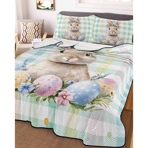 Easter Egg Rabbit King Size Down Alternative Comforter, Lightweight Comforter Quilt Bedding Set with Pillow Shams Colorful Grid Checkered Polka Dots All Seasons Bed Comforter Duvet Insert 96"x106"