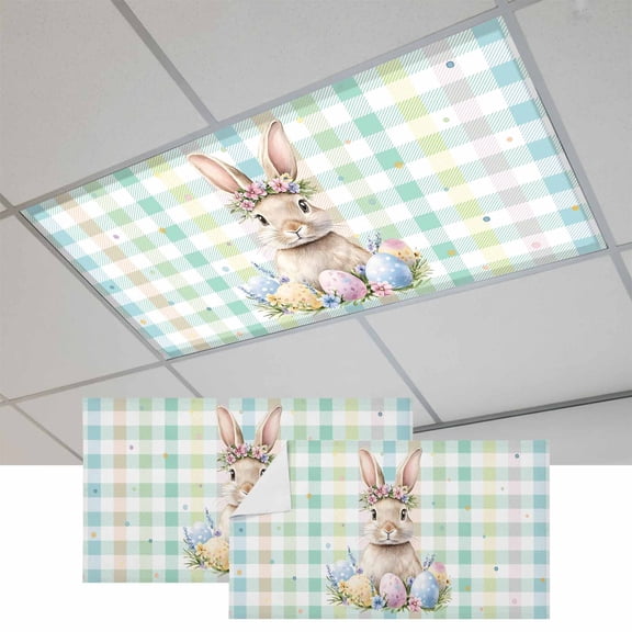 Easter Egg Rabbit Magnetic Fluorescent Light Covers for Ceiling Lights 2x4Ft, Colorful Grid Checkered Polka Dots Office Classroom Kitchen Drop Ceiling Light Covers Lighting Filters Shade Panel 2Packs