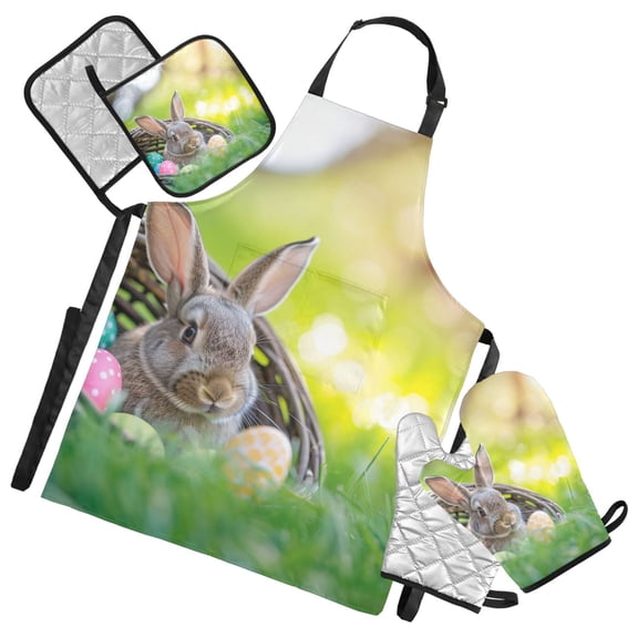 Easter Egg Rabbit in Basket 5 Pcs Kitchen Set Heat Resistant Oven Mitts and Non-Slip Pot Holders with Adjustable Cooking Apron