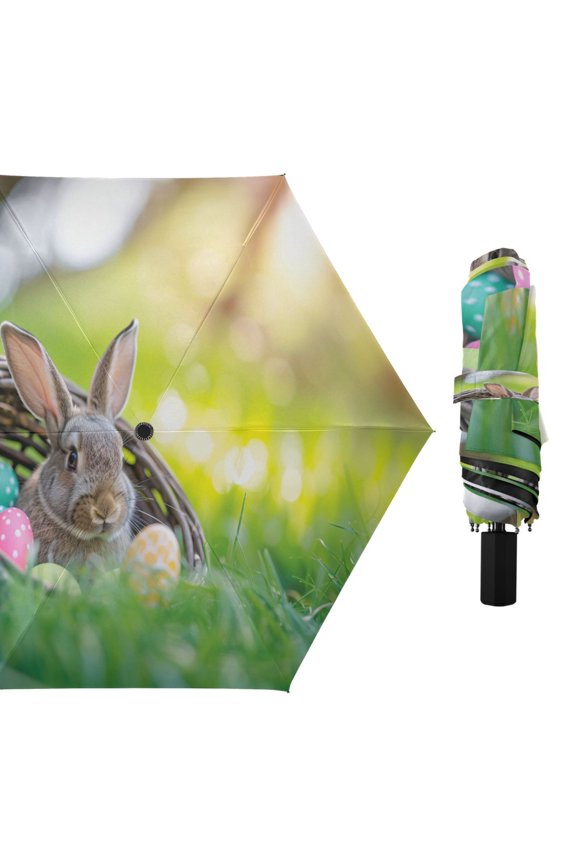 Easter Egg Rabbit in Basket Compact Sun Umbrella Windproof Travel Umbrellas for Rain Strong Portable UV Protection