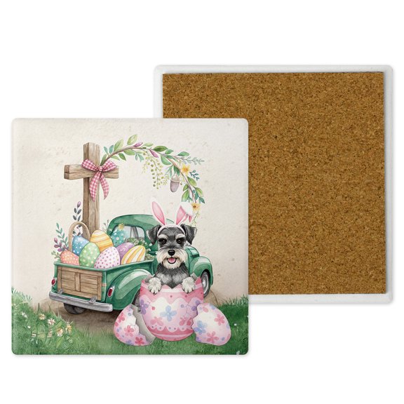 Easter Egg Schnauzer Bunny Ear Welcome Spring Truck Set of 4 Stone Coasters Miniature Schnauzer Dog Lover 4x4in Absorbent Soapstone Coaster - 12002
