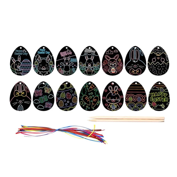 Easter Egg Scratch Art Ornament Set of 14, DIY Egg-Shaped Scratch Paper Pendant with Ribbons for Spring & Easter Decor