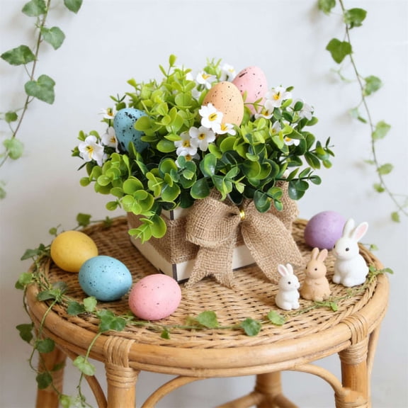 Easter Egg Shaped Artificial Green Plant in Decorative Pot, Potted Plant, Tabletop Decor, Multicolor Plastic Foliage Floral Arrangement for Festive Display