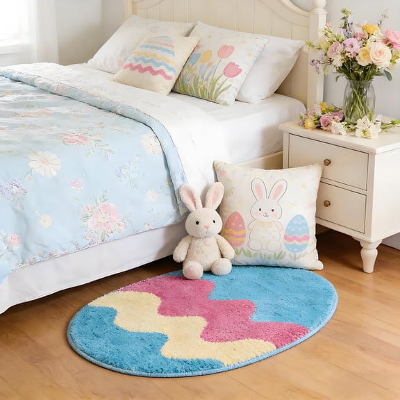 Easter Egg Shaped Floor Mat, 23.6x15.7 Inch Colorful Spring Door Rug, Non Slip Absorbent Bath Mat for Bathroom, Outdoor Front Door Mat, Easter Bedroom Porch Home Decorations