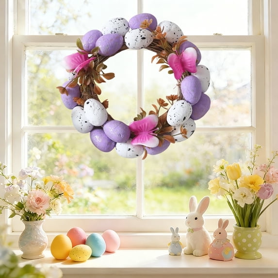 Easter Egg Shaped Rattan Wreath Decoration, 9.84 Inch Multicolor Party Garland for Door Wall and Holiday Seasonal Display, 1 Piece Decorative Ring