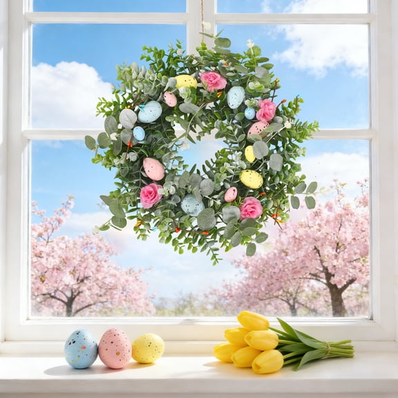 Easter Egg Shaped Rattan Wreath Garland Decoration 15.75 Inch with Colorful Eggs and Butterflies for Door Wall Spring Holiday Party Indoor Outdoor Home Beautiful Decorative Festive Accent