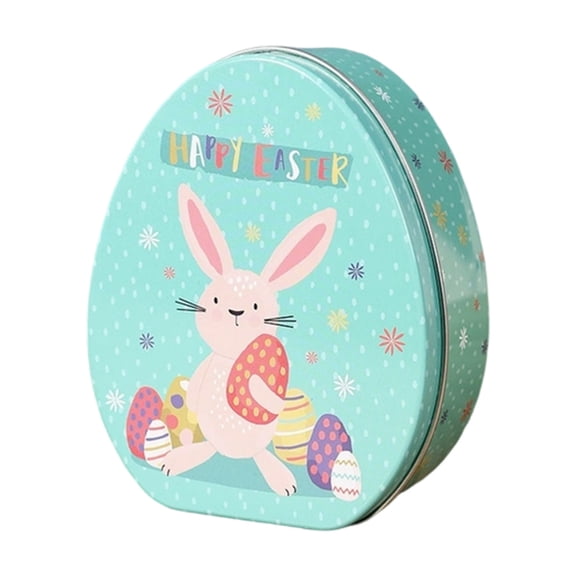Easter Egg Shaped Tinplate Candy Box Spring Bunny Chick Printing Snack Tin Box Happy Easter Cookie Jar Rabbit Chicken Themed Gift Chocolate Storage Organizer Party Favors for Kids Easter Treats(E)