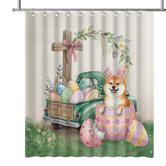 Easter Egg Shiba Inu Bunny Ear Welcome Spring Truck Shower Curtain Shibas Dog Lovers Gifts Idea Waterproof Bathroom Bathtub Curtain - 12002