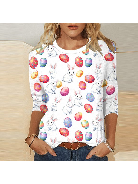 Easter Egg Shirt for Women Artistic Watercolor Gliding Eggs Print Graphic Tee 3/4 Sleeve Crewneck Soft Stretchy Festival Apparel Party Tops