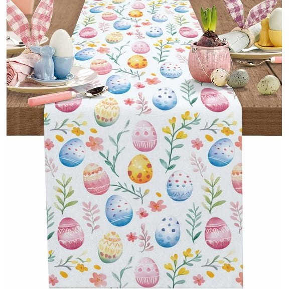 Easter Egg Spring Flower Table Runners 48 Inches Long Cotton Linens Party Coffee Table Runner Cloth for Wedding Dinning Holiday, Colorful Eggs Washable Table Dressers Scarves Decor, 13" Wide